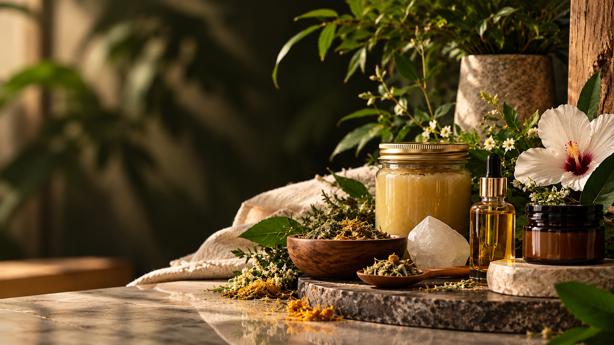 Divine Vessel botanical wellness still life with sea moss, body oil, herbs, crystal, and hibiscus